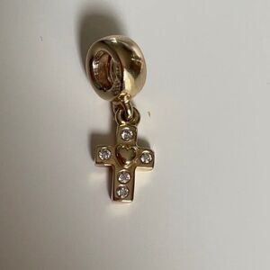 Genuine Retired Pandora Solid 14K Gold Cross with Diamonds Dangle Charm